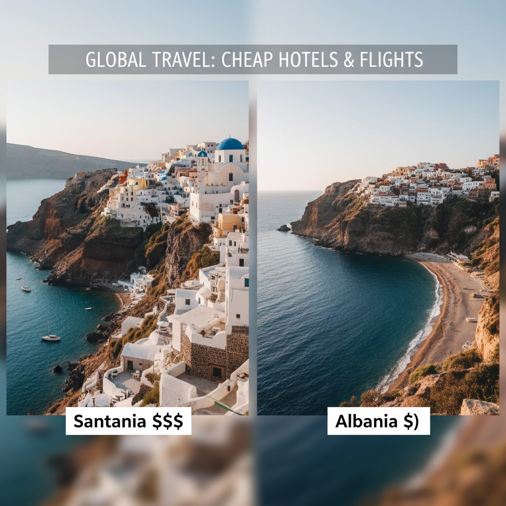 A photo collage comparing two beautiful beaches side-by-side. One is labeled "Santorini ($$$)" and the other "Albania ($)". Both look stunning and nearly identical.