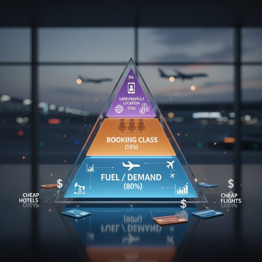 A conceptual illustration of a "Pricing Pyramid" showing the hierarchy of price factors. Base = Fuel/Demand (80%), Middle = Booking Class (15%), Top = User Profile/Location (5%).