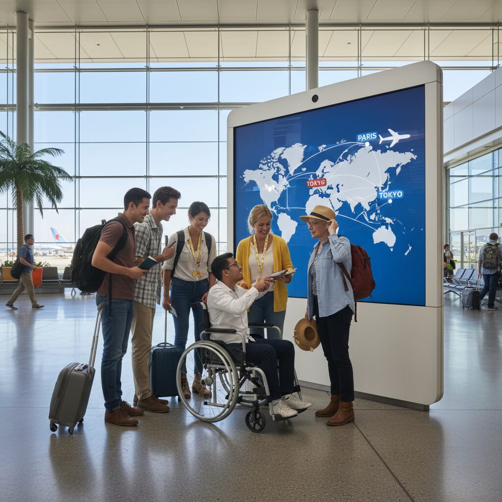 A diverse group of travelers, including a wheelchair user and someone wearing a sunflower lanyard, looking at a digital map in an airport terminal, high quality, realistic