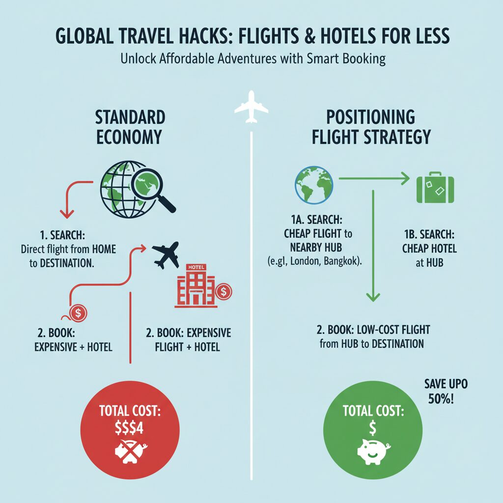 An infographic comparing a standard economy booking process versus a 'Positioning Flight' strategy, visually demonstrating the cost savings of the two-step booking method.