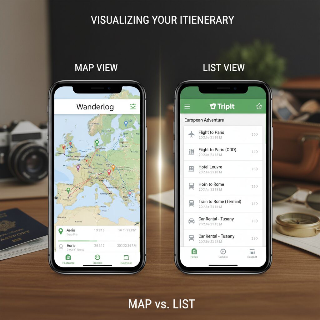 A split-screen comparison infographic showing the interface of Wanderlog's map view versus TripIt's list view, highlighting the visual difference for users