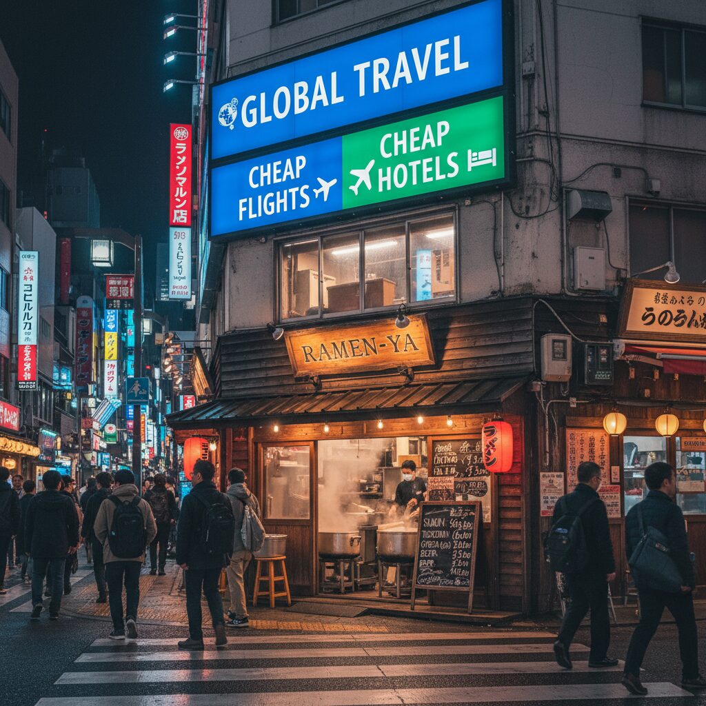 A vibrant street scene in Shinjuku, Tokyo, showcasing neon signs and a small, affordable ramen shop with a menu displaying prices.