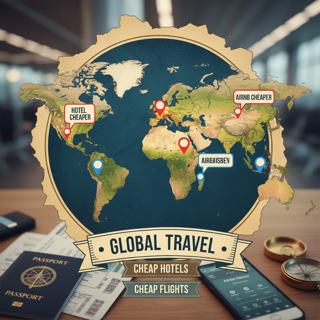 A map graphic of Europe highlighting Santorini and Amsterdam with 'Hotel Cheaper' markers, and rural France with 'Airbnb Cheaper' markers