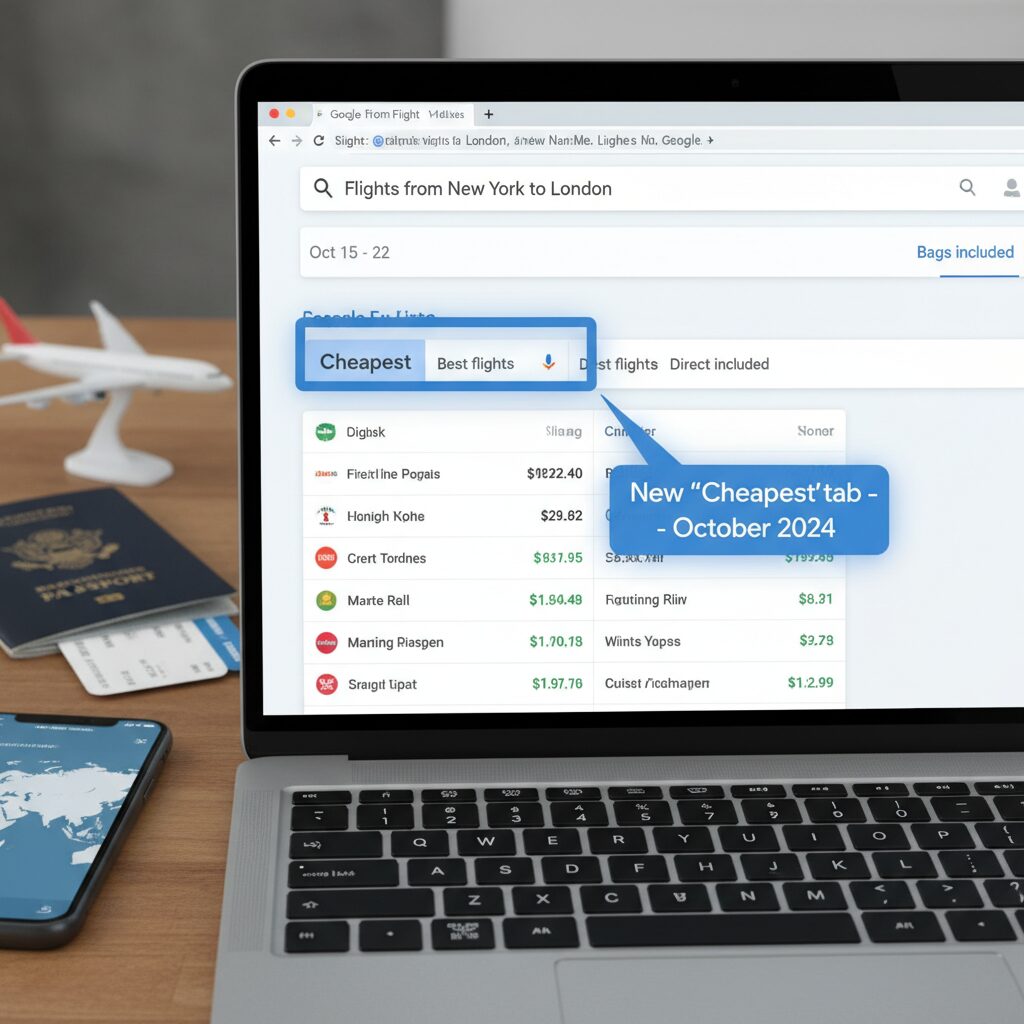Screenshot of the Google Flights interface highlighting the specific location of the new "Cheapest" tab introduced in October 2024.