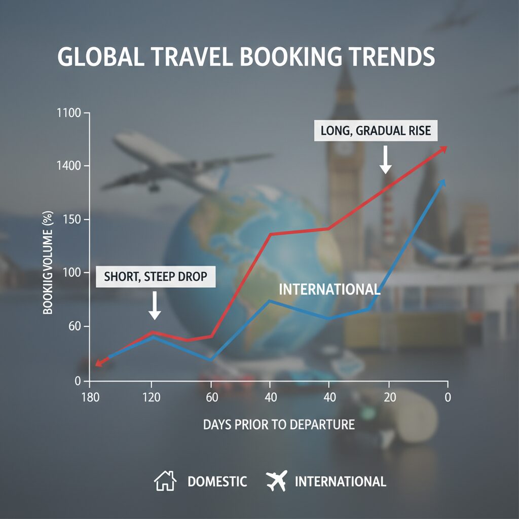 An infographic timeline contrasting the domestic booking curve (short, steep drop 40 days out) vs. the international booking curve (long, gradual rise starting 6 months out).