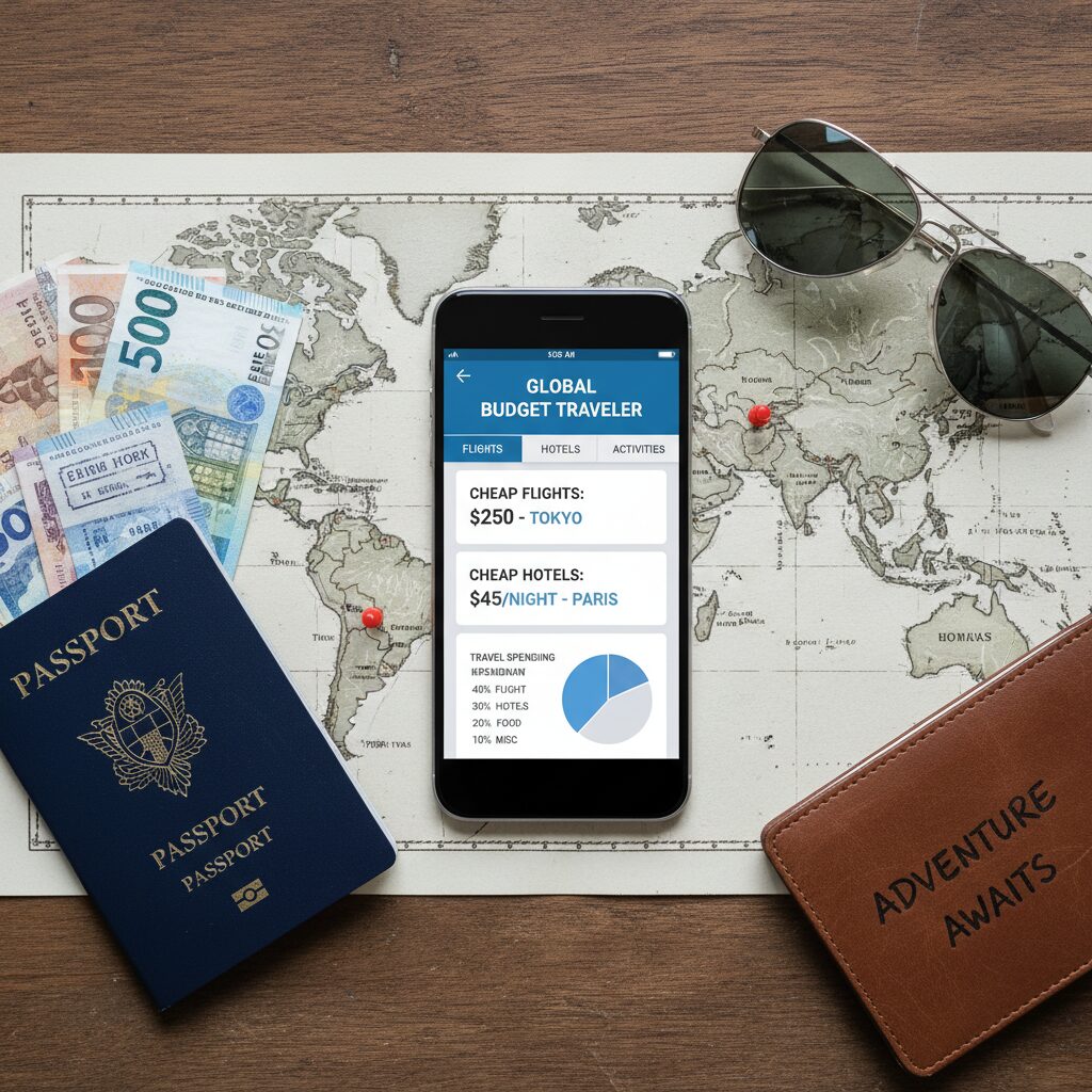 A flat-lay photo of a smartphone displaying a travel budget app, surrounded by a passport, foreign currency, and a map, illustrating the planning phase.