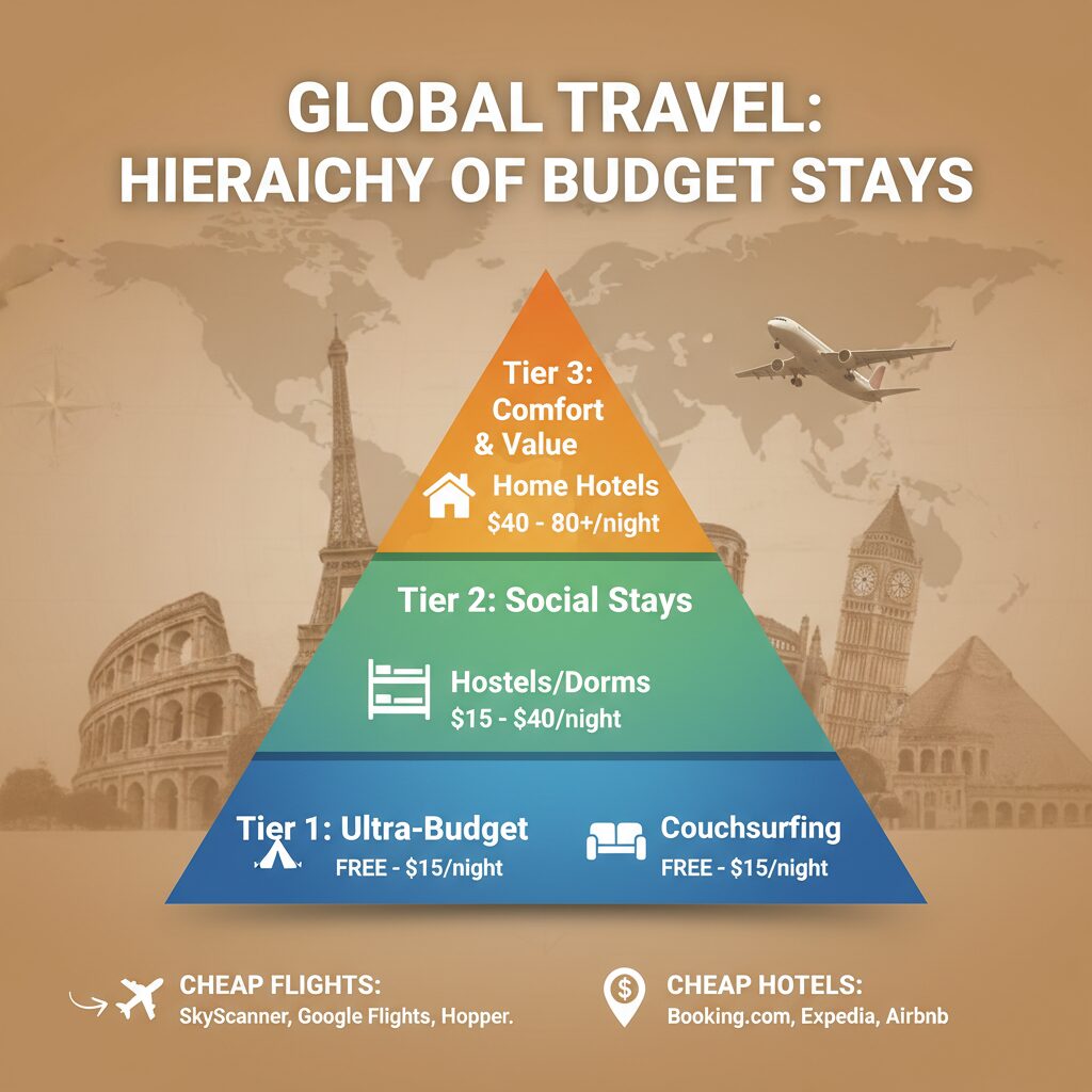 Infographic showing the 'Hierarchy of Budget Stays' pyramid, with Camping/Couchsurfing at the bottom, Hostels/Dorms in the middle, and Home Swaps/Hotels at the top