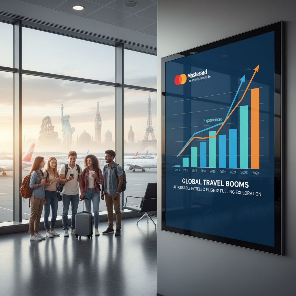Chart graphic from Mastercard Economics Institute showing the upward trend line of spending on 'Experiences' vs 'Goods' from 2019 to 2024.