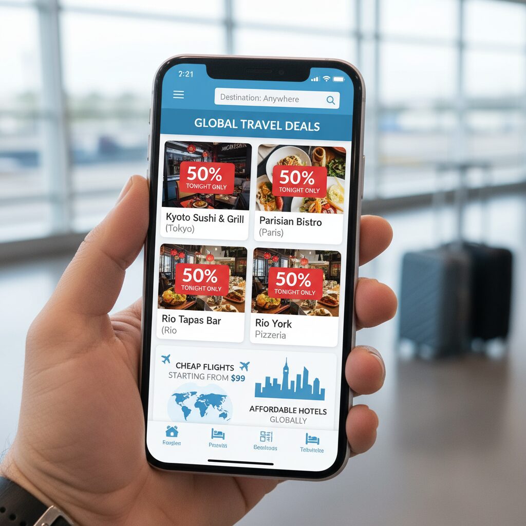 Smartphone screenshot showing TheFork app interface with several restaurants offering 50% off time slots.