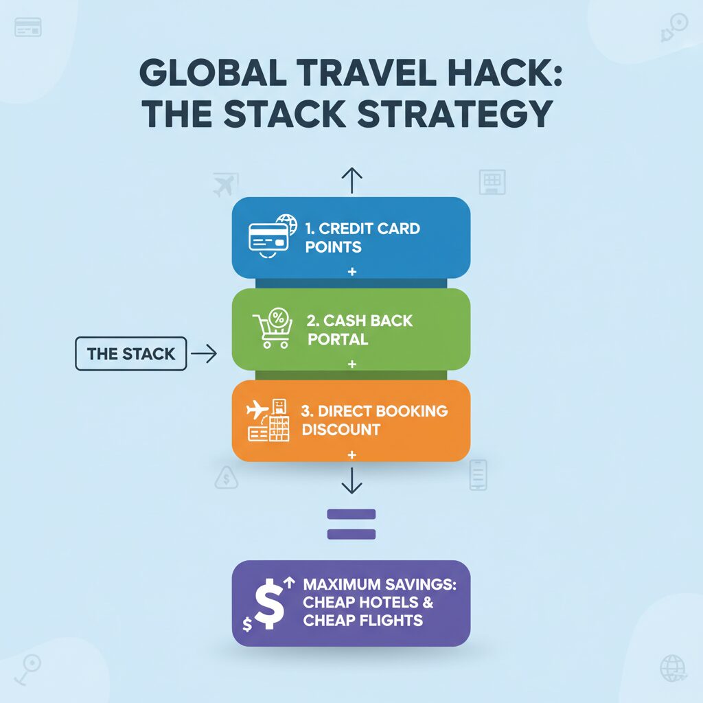 Infographic illustrating "The Stack" strategy: Credit Card Points + Cash Back Portal + Direct Booking Discount = Maximum Savings