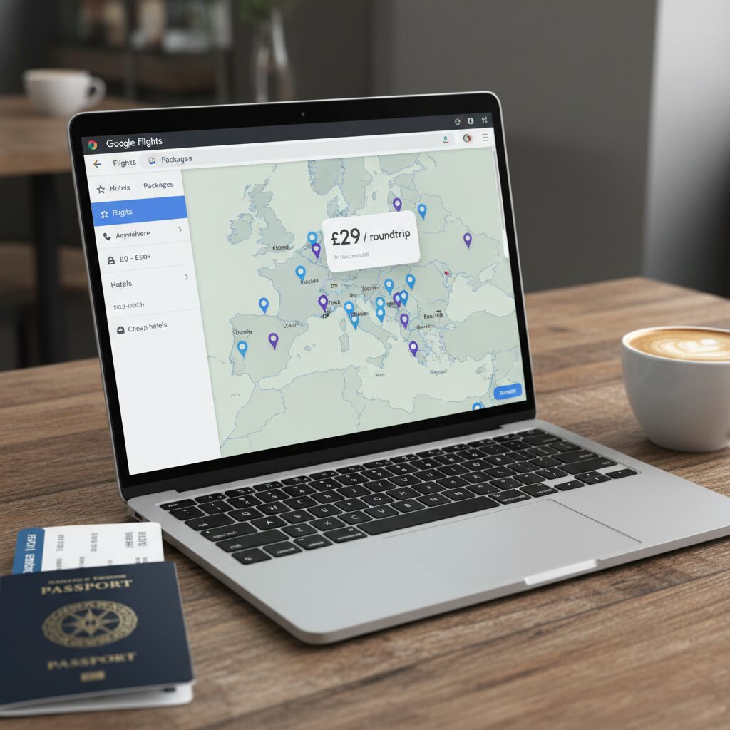 Screenshot of the Google Flights "Explore" map interface, showing various prices popping up over a map of Europe, highlighting a cheap entry point.