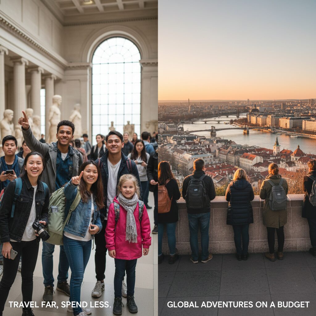 A montage of travelers enjoying a free museum exhibit in London and a panoramic city view from a public terrace, highlighting high-quality experiences without cost.