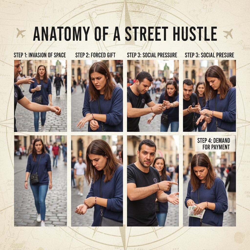 Infographic displaying the "Anatomy of a Street Hustle." Step 1: Invasion of space. Step 2: Forced gift. Step 3: Social pressure. Step 4: Demand for payment.