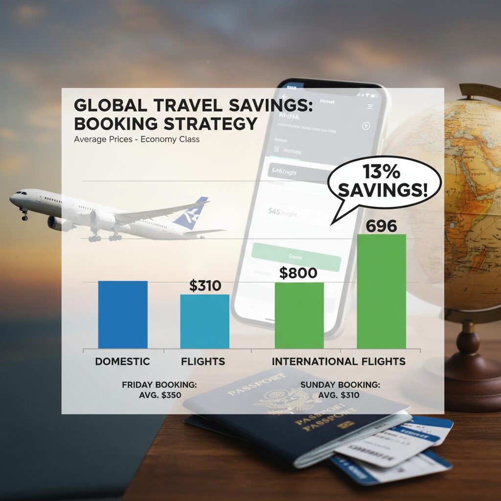 A bar chart comparing average flight prices booked on Friday versus Sunday, highlighting the 13% savings gap for international travel.