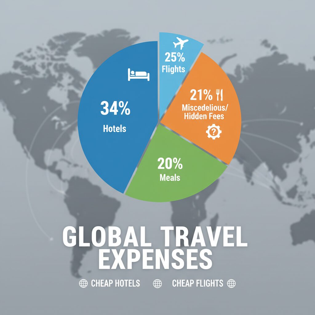 An infographic styled illustration showing a pie chart of travel expenses: 34% Hotels, 25% Flights, 20% Meals, 21% Miscellaneous/Hidden Fees.
