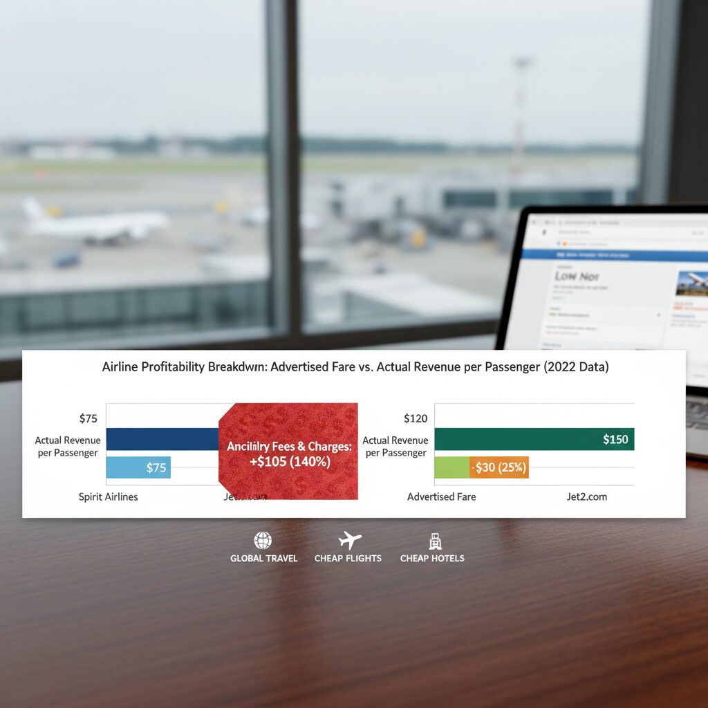 A bar chart comparing "Advertised Fare" vs "Actual Revenue per Passenger" for Spirit Airlines and Jet2.com, highlighting the massive portion made up of fees.