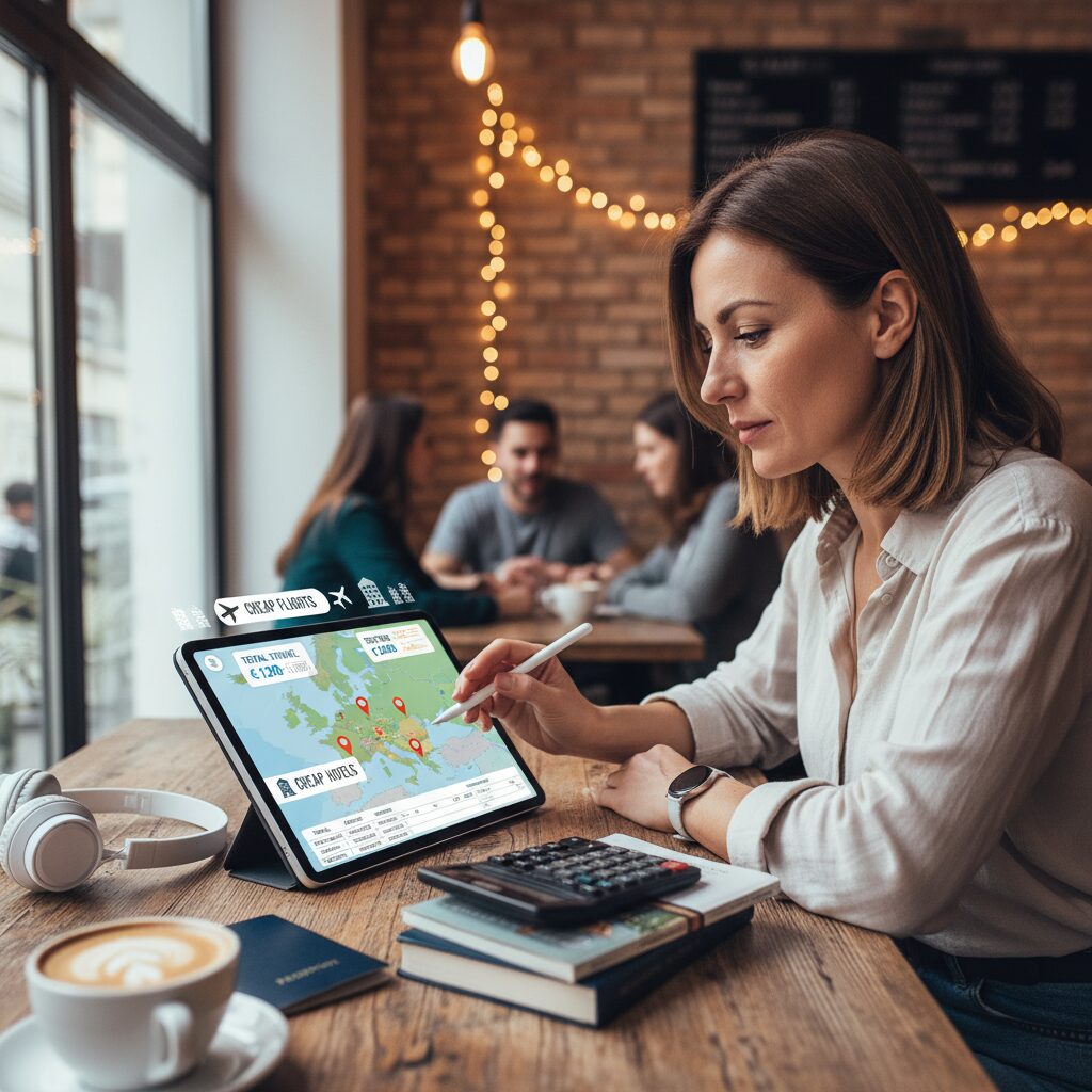 A modern digital nomad reviewing a travel budget on a tablet with a map of Europe and a calculator in a cozy coffee shop setting