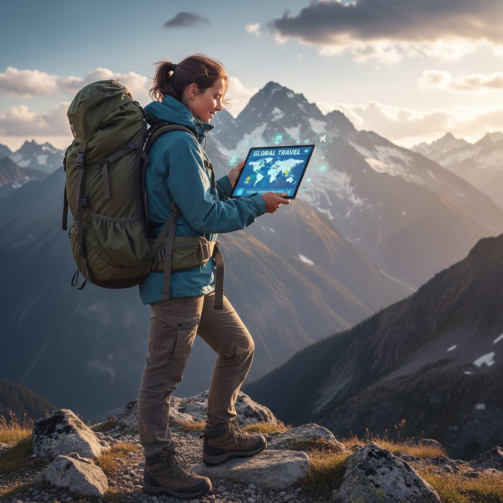 A photo of a backpacker looking at a digital map on a tablet with a scenic mountain background, symbolizing modern travel planning