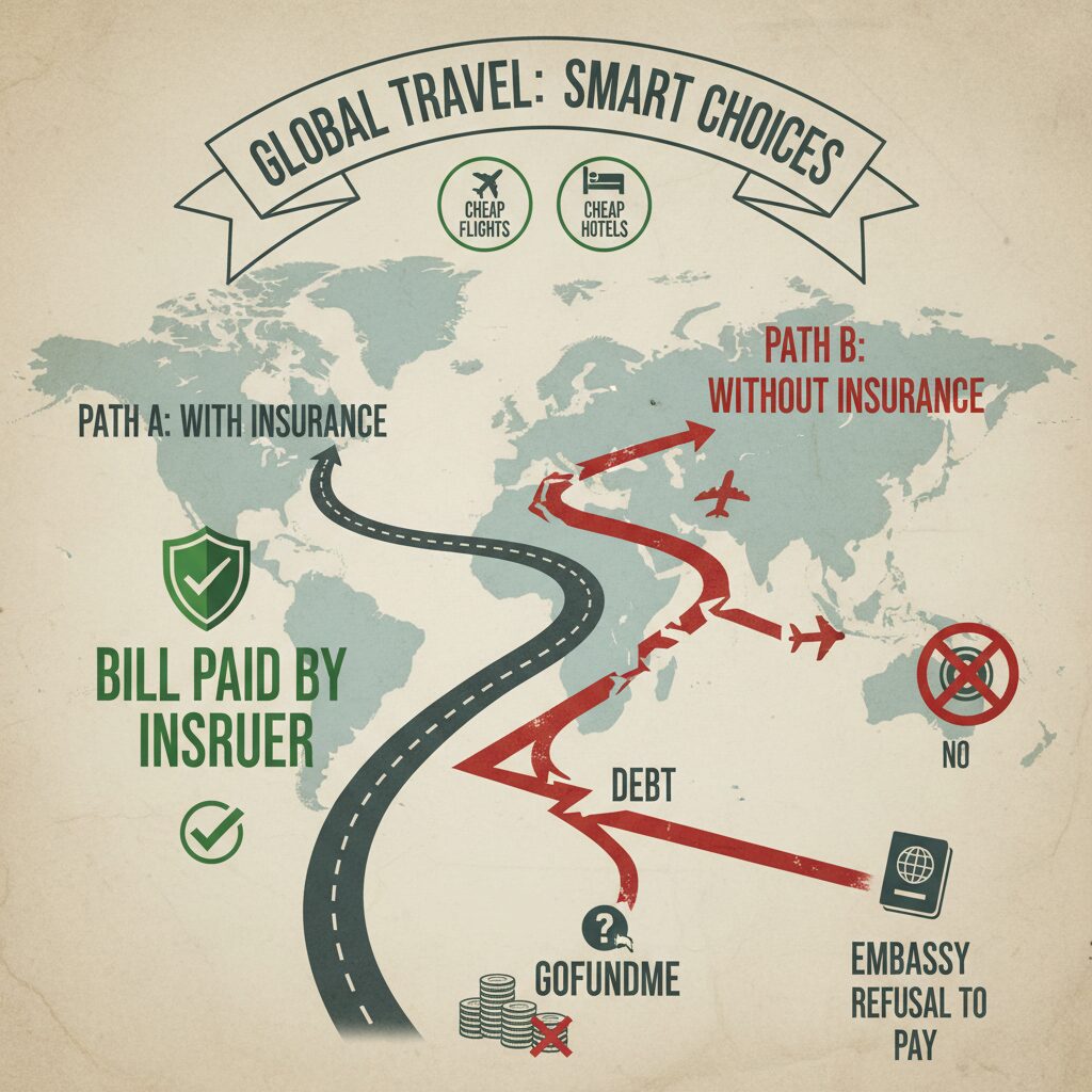 Infographic showing two pathways. Path A: 'With Insurance' leads to 'Bill Paid by Insurer'. Path B: 'Without Insurance' leads to 'Debt', 'GoFundMe', and 'Embassy Refusal to Pay'.