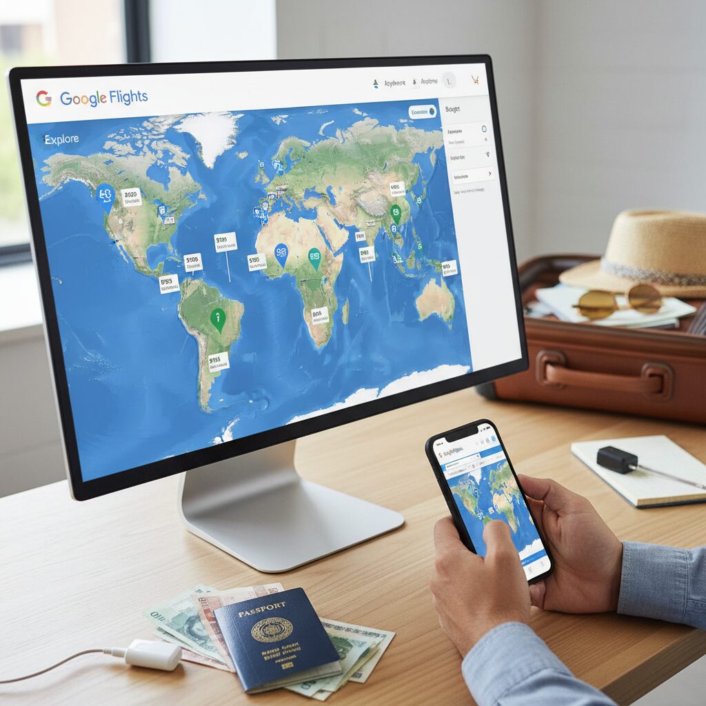Screenshot of Google Flights "Explore" map interface showing various destinations with price tags populating the world map.