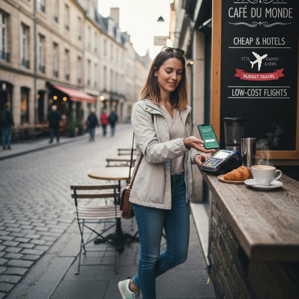 A modern traveler paying for coffee at a European cafe using a smartphone contactless payment, with a blurred background of a cobblestone street.