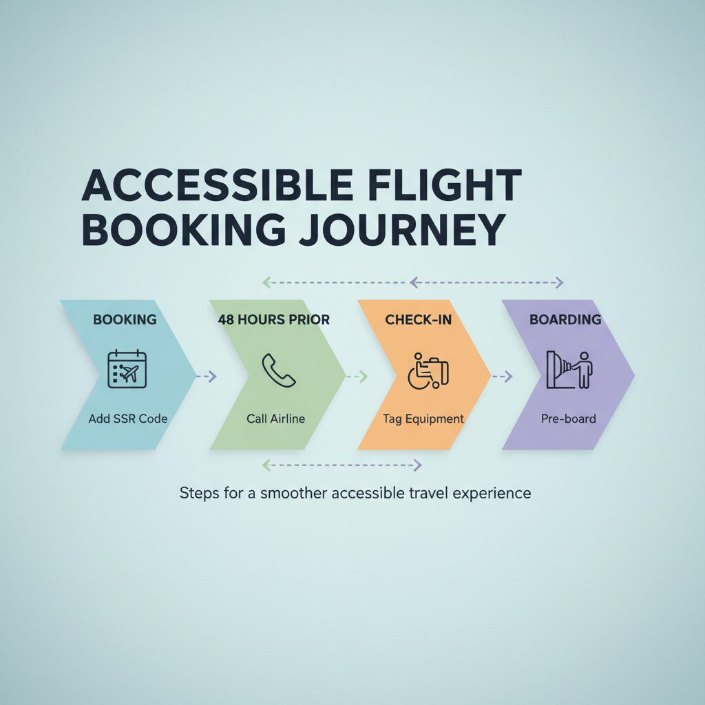 Infographic showing the timeline of booking an accessible flight: Booking (Add SSR Code), 48 Hours Prior (Call Airline), Check-in (Tag Equipment), Boarding (Pre-board)