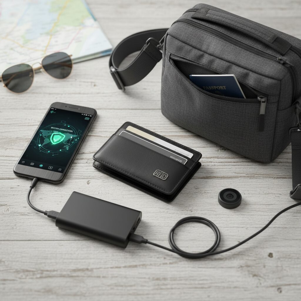 A flat-lay photo of essential travel safety gear: An RFID wallet, a phone with a VPN app open, a crossbody bag, and a portable charger.