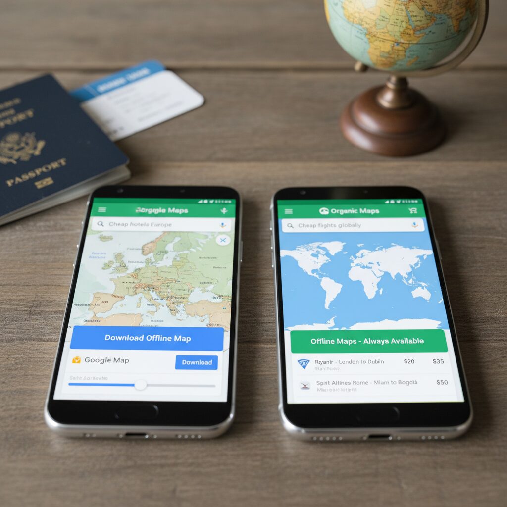 Screenshot comparison showing Google Maps "Download Offline Map" interface next to Organic Maps interface on a smartphone