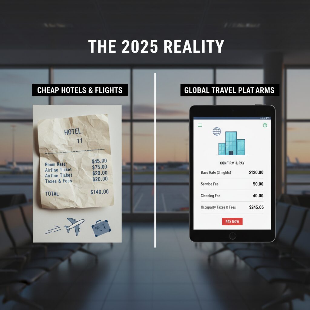 A split screen graphic showing a hotel room bill on the left and an Airbnb checkout screen with high fees on the right, labeled 'The 2025 Reality'
