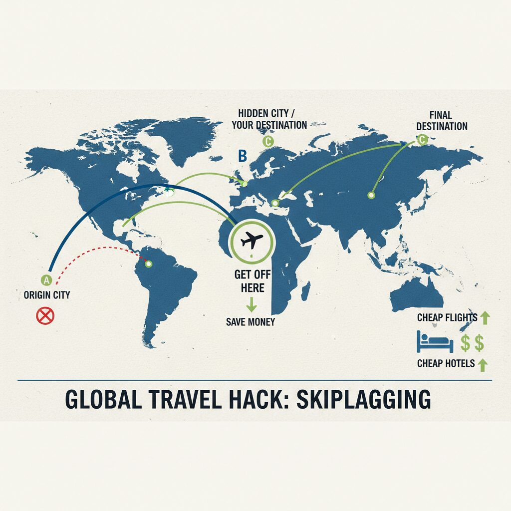 Graphic illustrating how Skiplagging works: A line from A to C passing through B, with a "Get off here" icon at point B.