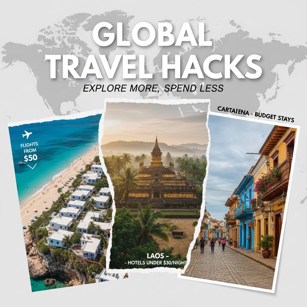 A vibrant collage of emerging budget destinations: the beaches of Albania, the temples of Laos, and the colorful streets of Cartagena, Colombia.