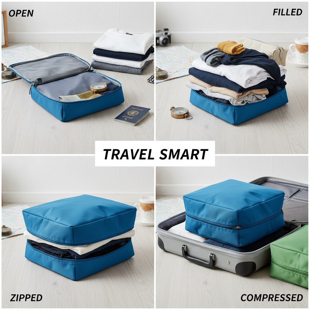 Step-by-step visual of using a compression packing cube: Open, Filled, Zipped, and Compressed to show the volume reduction.