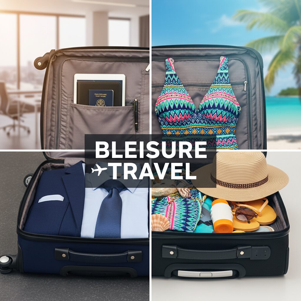 A split-screen graphic showing a suitcase packed with a blazer on one side and a swimsuit on the other, representing Bleisure travel.