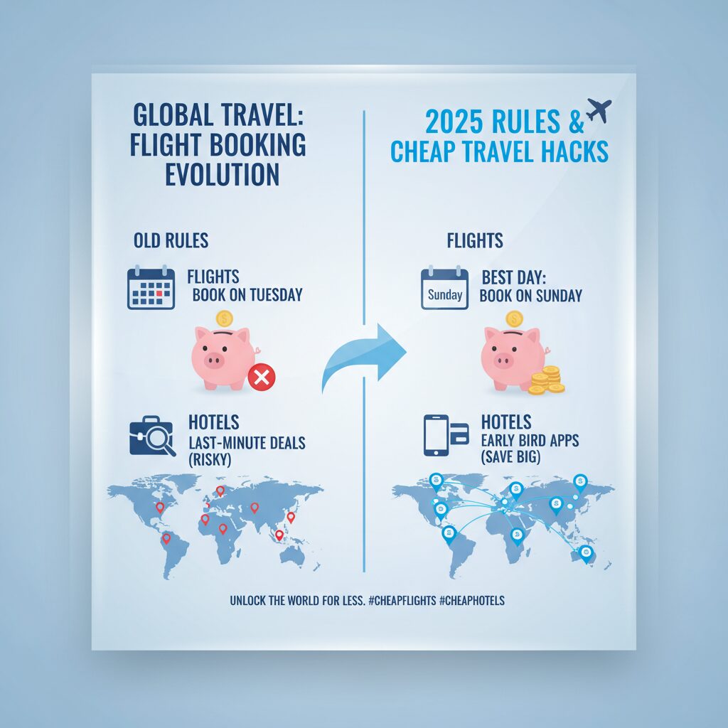 A modern, clean infographic comparing "Old Rules vs. 2025 Rules" of flight booking, highlighting the shift from Tuesday bookings to Sunday bookings.