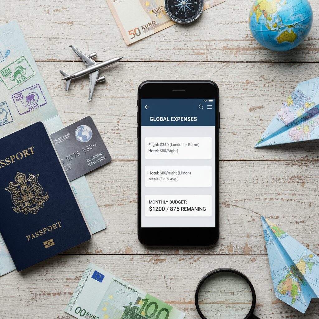 A modern, flat-lay style photo showing a smartphone with an expense app open, a passport, and a credit card on a wooden desk, symbolizing organized travel finance.