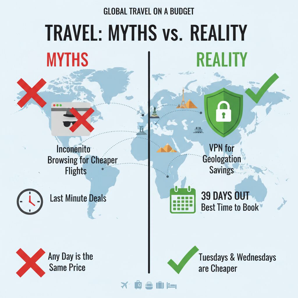 An infographic comparing 'Myths vs. Reality', with a red X over an incognito icon and a green checkmark over a VPN icon, and a red X over 'Last Minute' and a green checkmark over '39 Days Out'