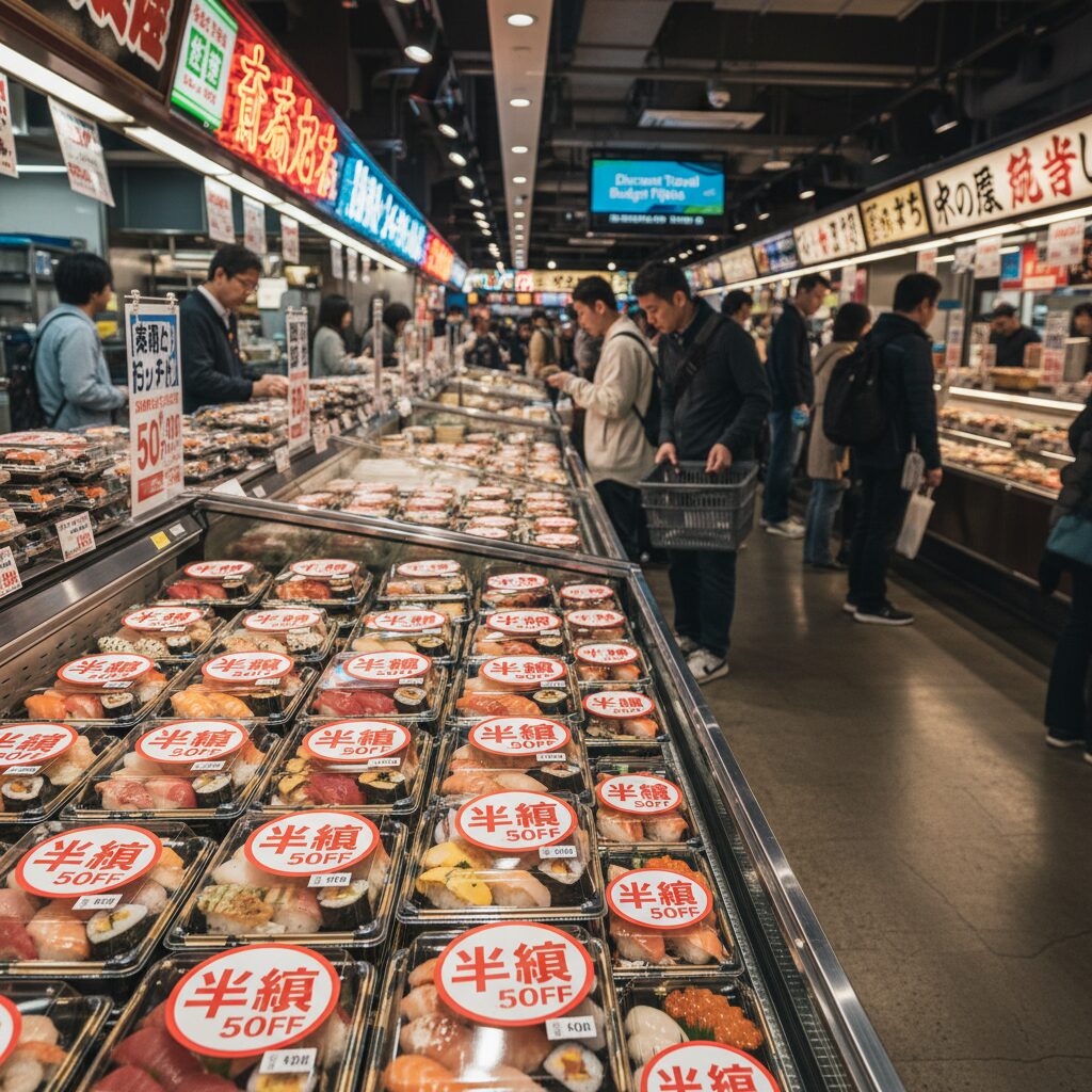 A photo taken inside a Japanese 'Depachika' food hall showing sushi boxes with 50% off discount stickers.