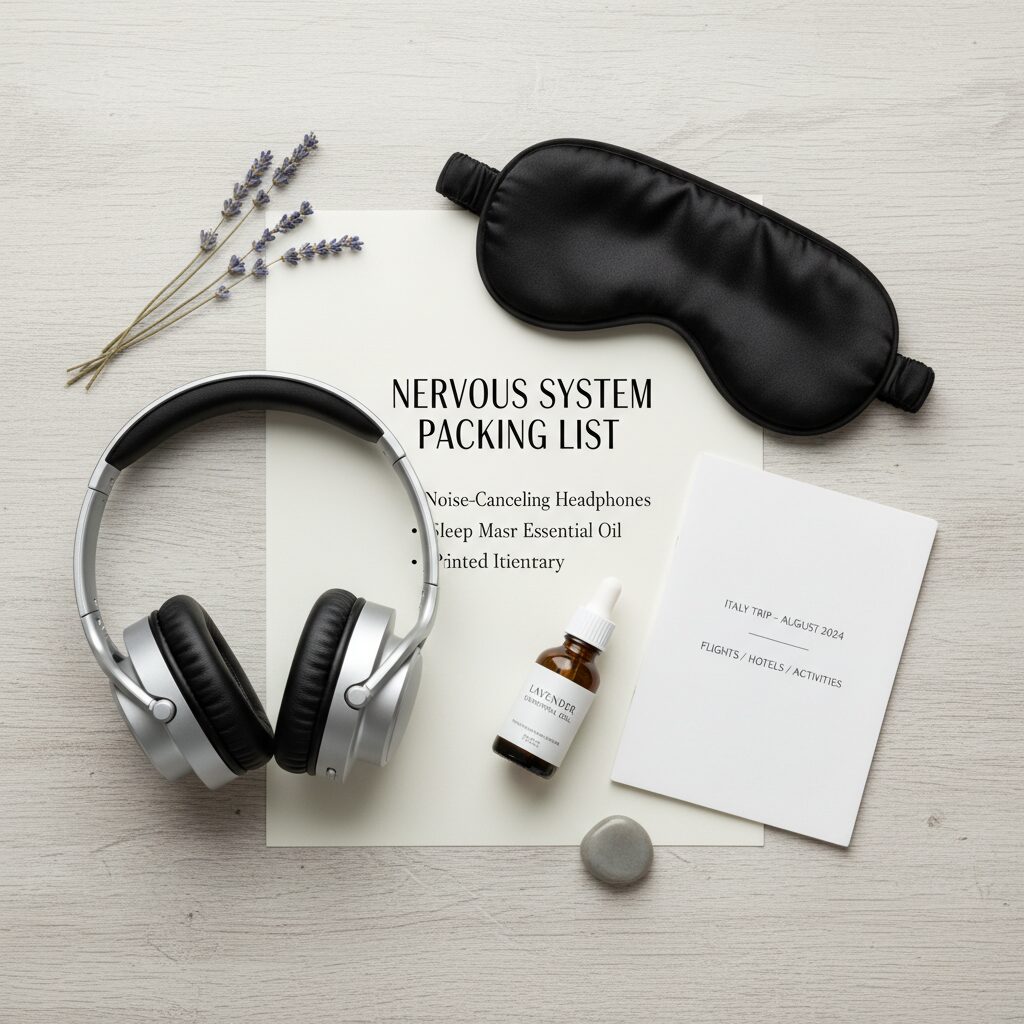 A flat-lay photo of a "Nervous System Packing List" including noise-canceling headphones, a sleep mask, lavender essential oil, and a printed itinerary
