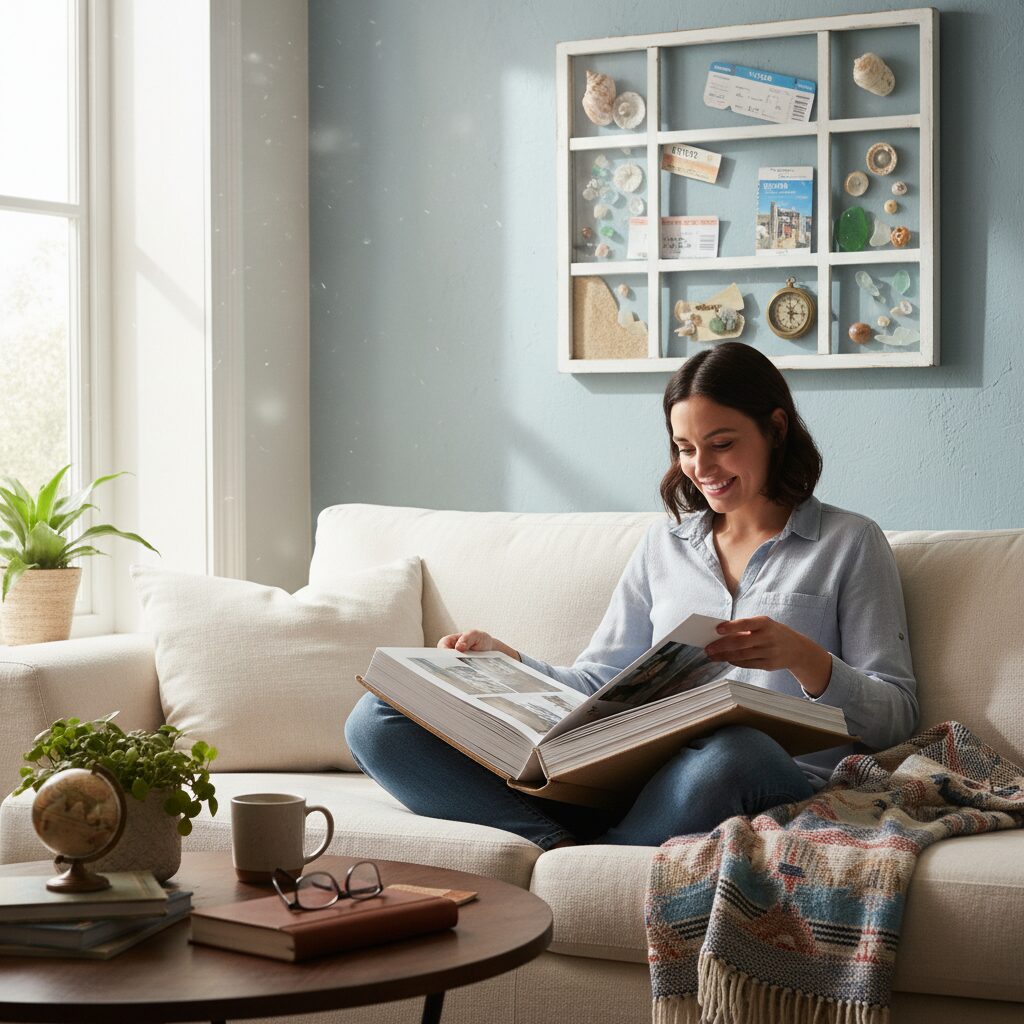 A cozy living room scene showing a person sitting on a sofa looking through a high-quality printed photo book, with a "shadow box" hanging on the wall behind them containing shells and tickets.