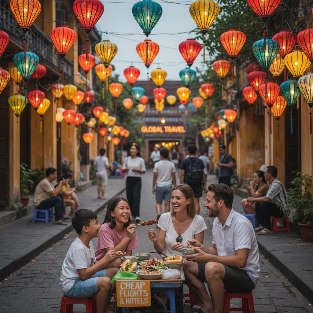 Colorful lanterns lighting up the streets of Hoi An, Vietnam, with a family enjoying street food
