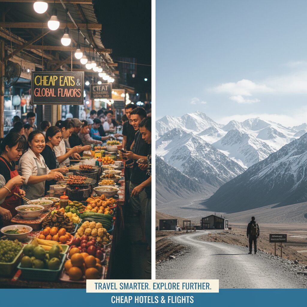 A vibrant street market scene in Laos with local food vendors, contrasting with a serene mountain view in Kazakhstan, visually representing the diverse but cheap options.