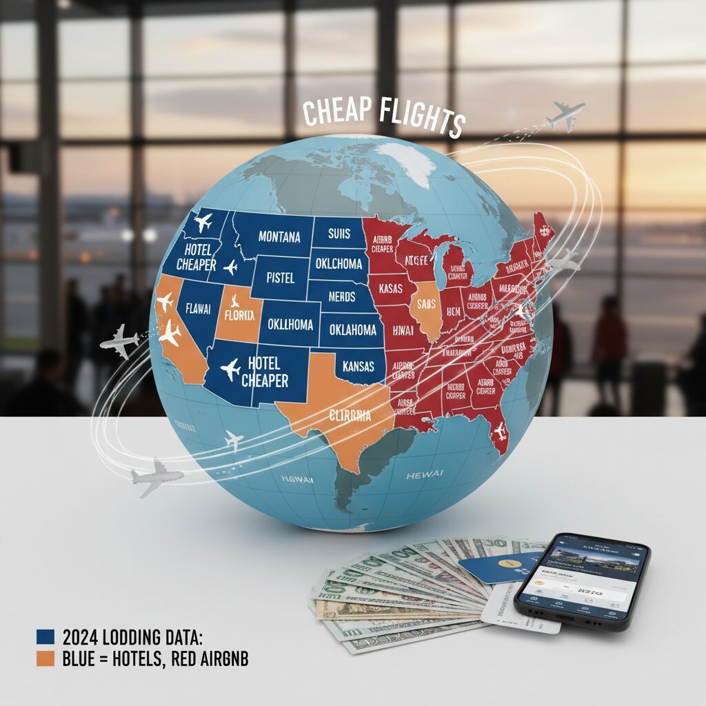 A map of the USA with states color-coded: Blue for 'Hotel Cheaper' and Red for 'Airbnb Cheaper' based on 2024 data