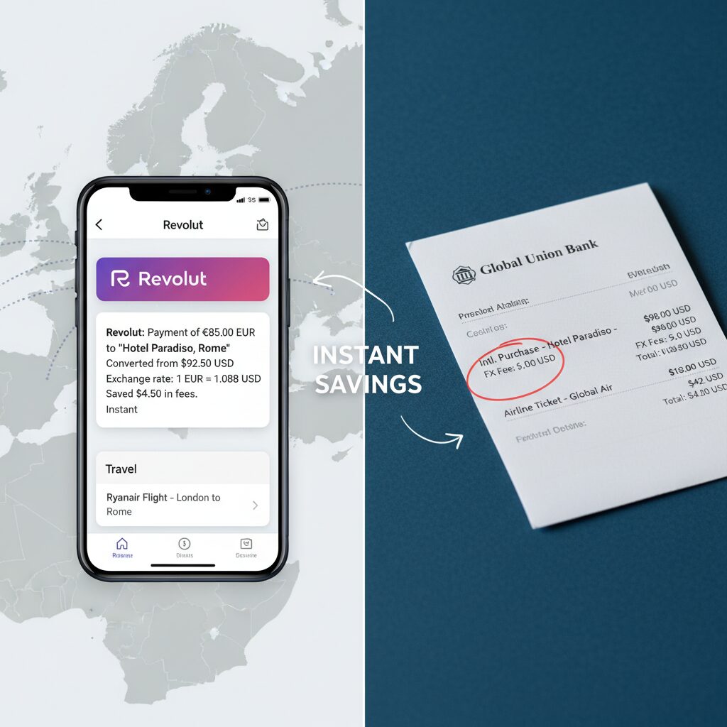 A screenshot comparison of a Revolut transaction notification versus a traditional bank statement, highlighting the instant currency conversion feature.