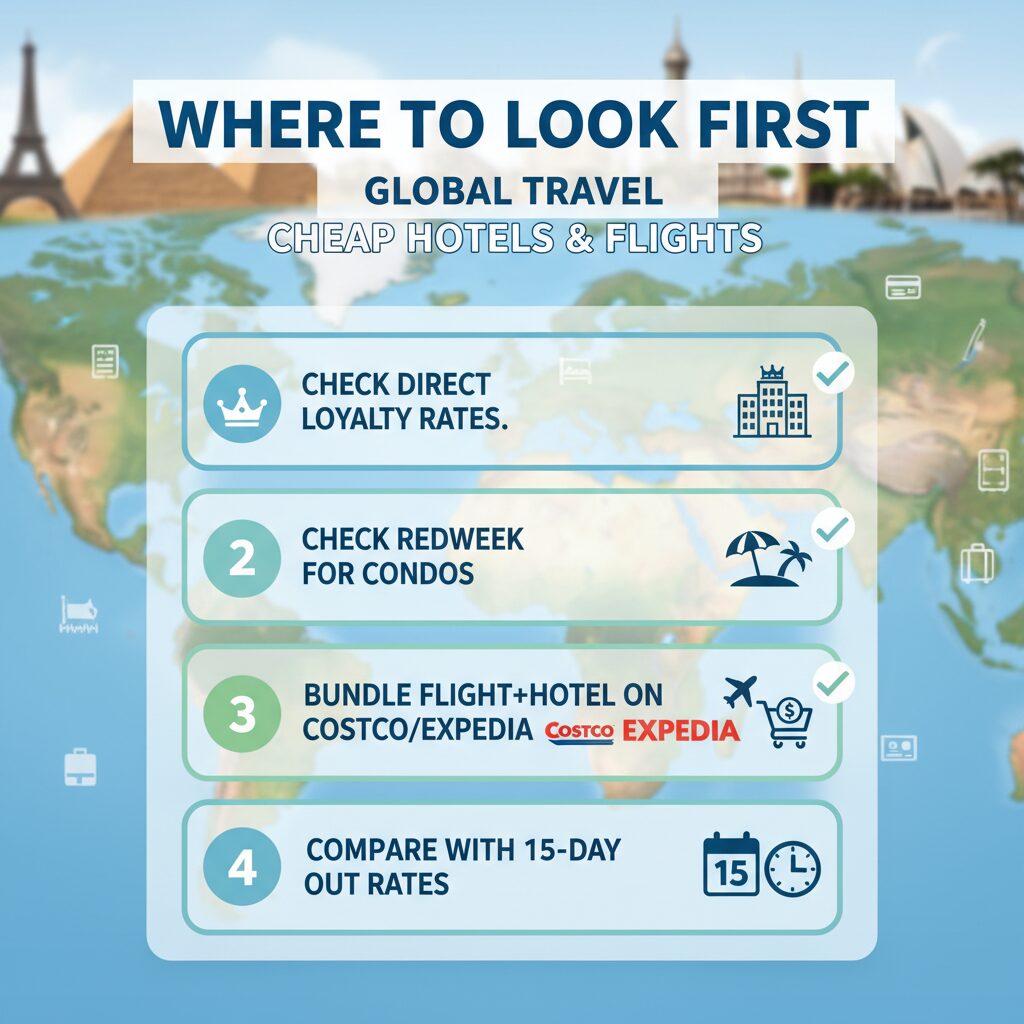 An infographic checklist titled "Where to Look First." Step 1: Check Direct Loyalty Rates. Step 2: Check RedWeek for Condos. Step 3: Bundle Flight+Hotel on Costco/Expedia. Step 4: Compare with 15-day out rates.