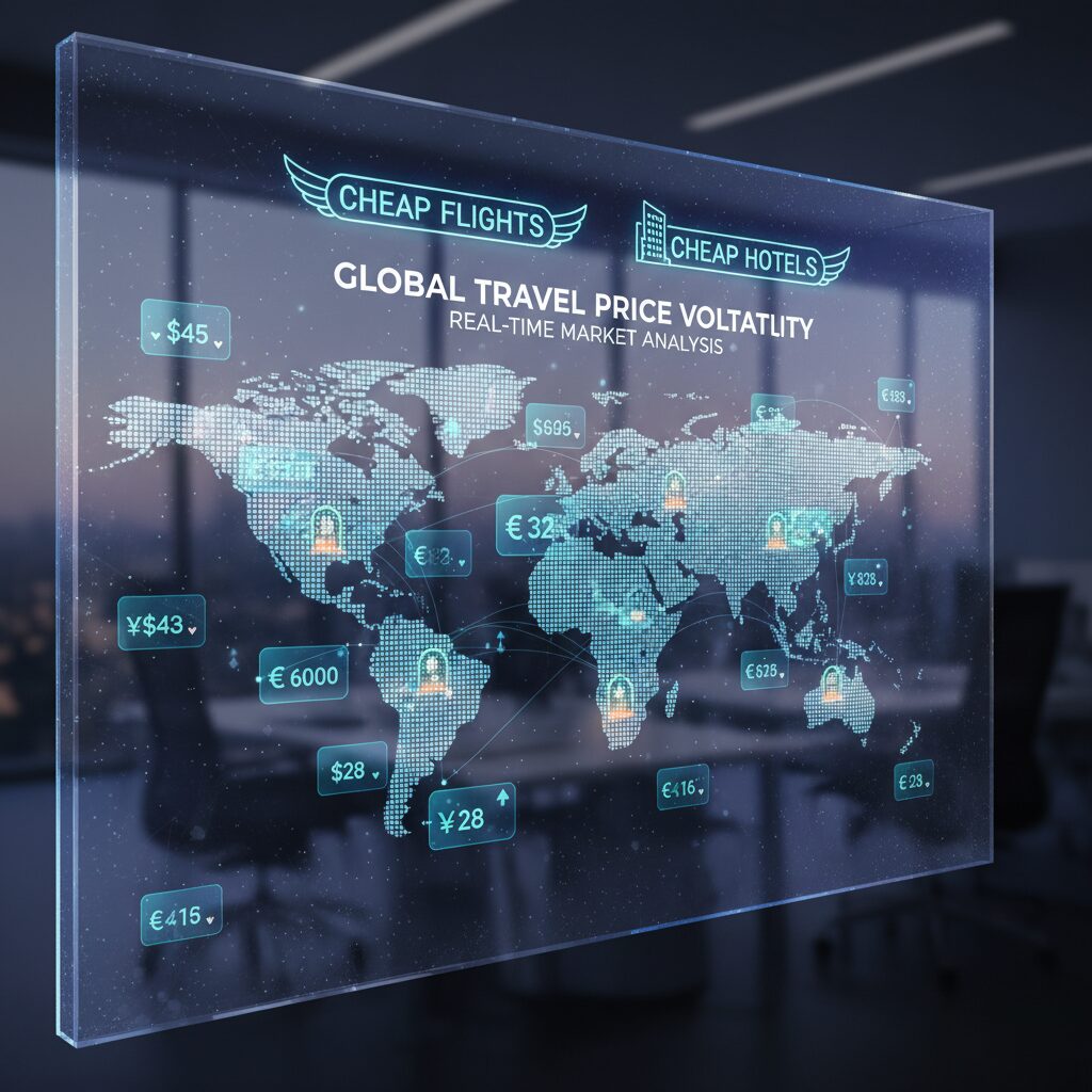 A digital dashboard showing a world map with fluctuating hotel price tags, symbolizing global price volatility