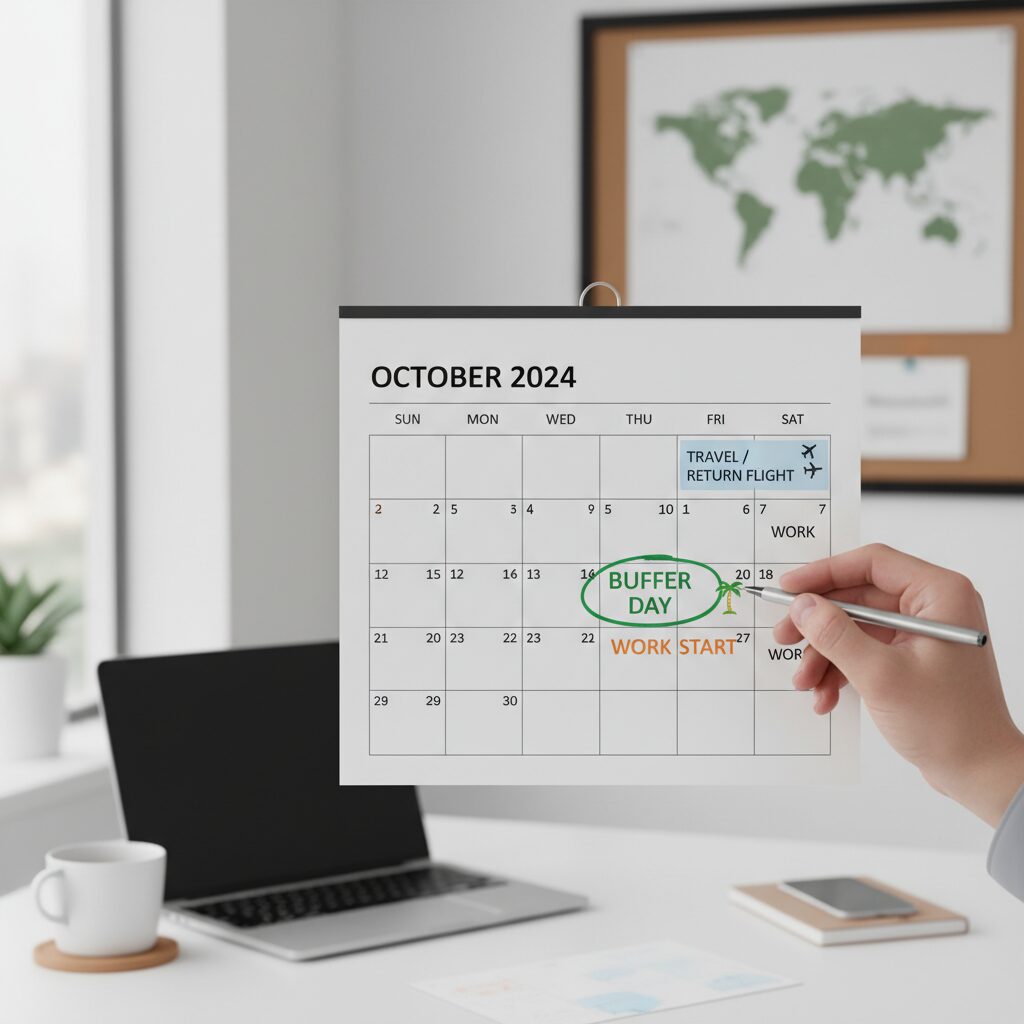 A calendar view highlighting a "Buffer Day" between the return flight and the first day back at work