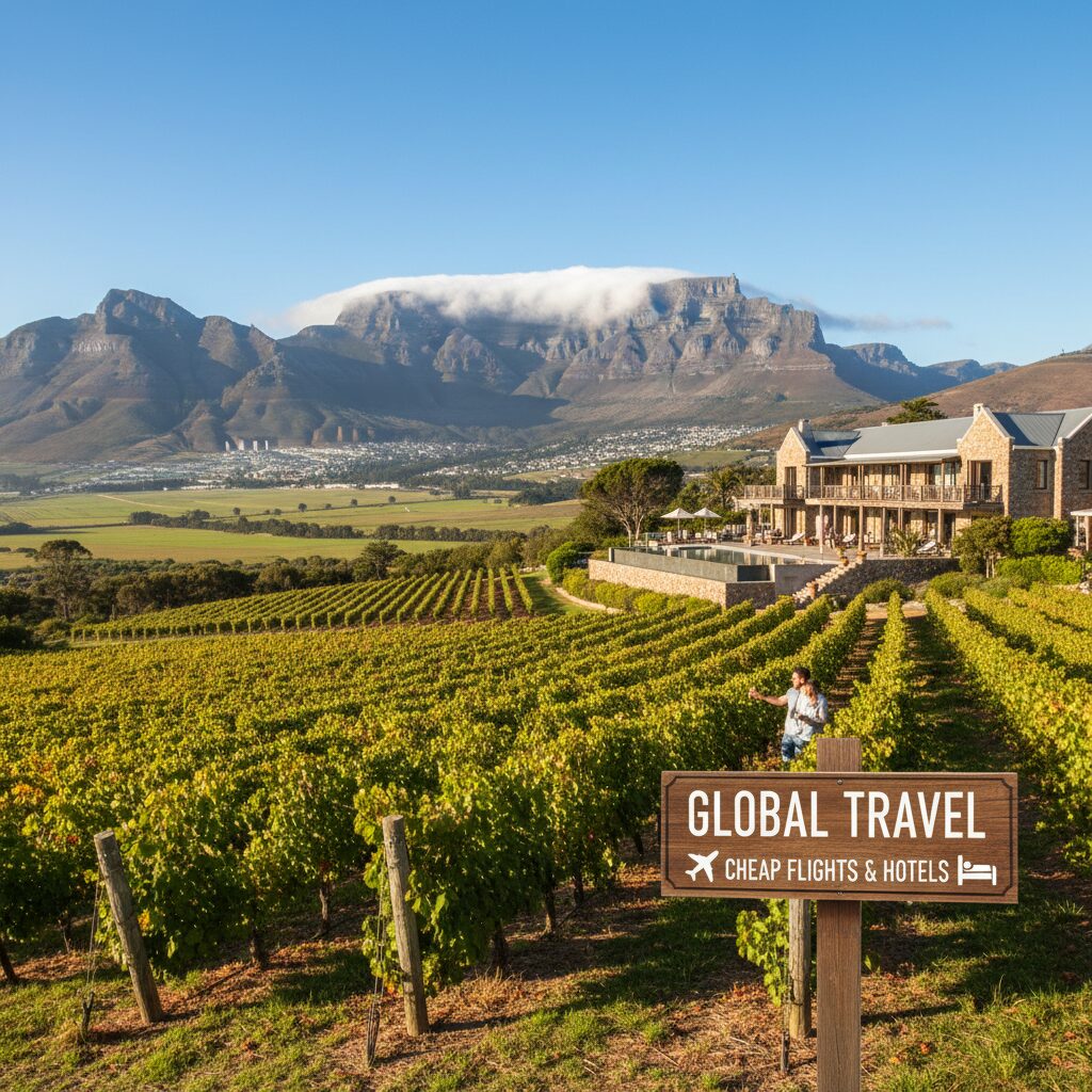A panoramic view of Table Mountain in Cape Town with a vineyard in the foreground, highlighting affordable luxury.