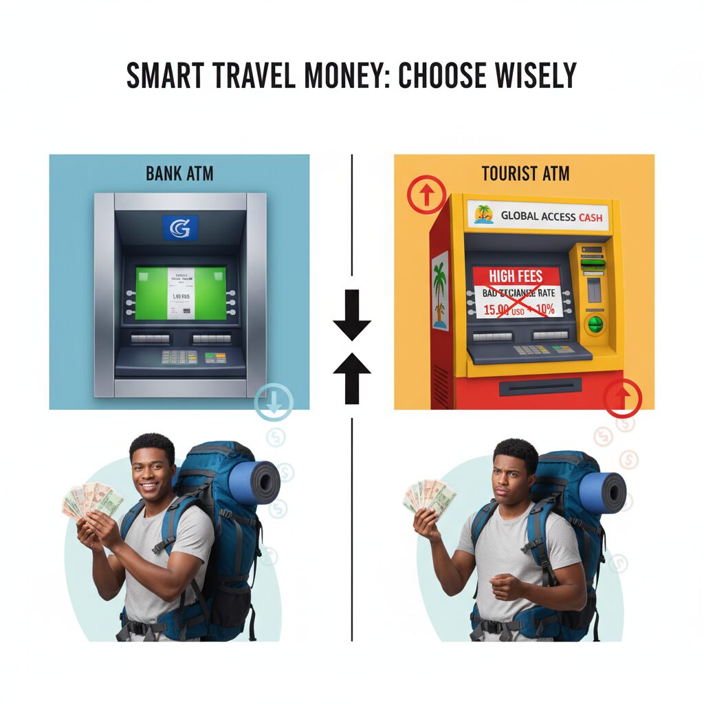 A side-by-side comparison chart. Left side shows "Bank ATM" with low fees. Right side shows "Tourist ATM" with high fees and bad exchange rates, highlighting the money lost.