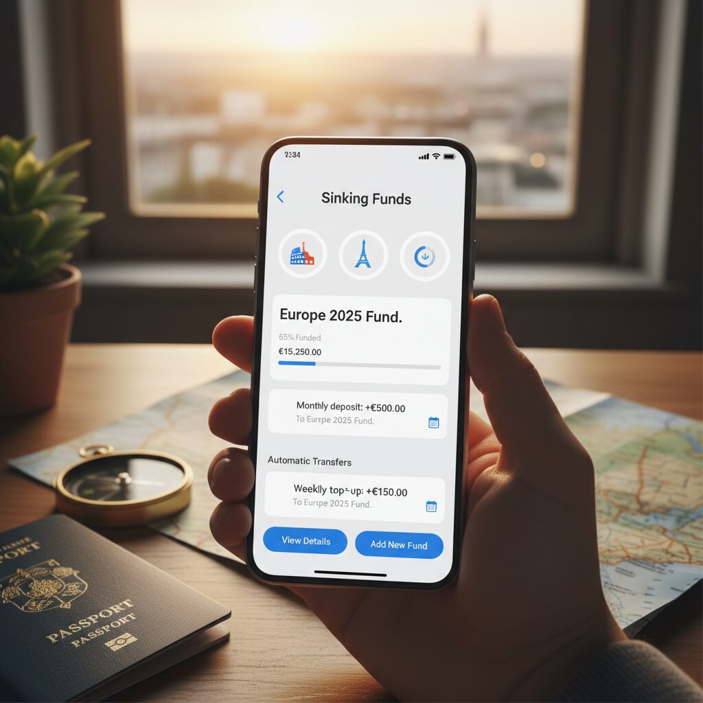 A screenshot of a "Sinking Fund" setup in a banking app, showing automatic transfers labeled "Europe 2025 Fund."