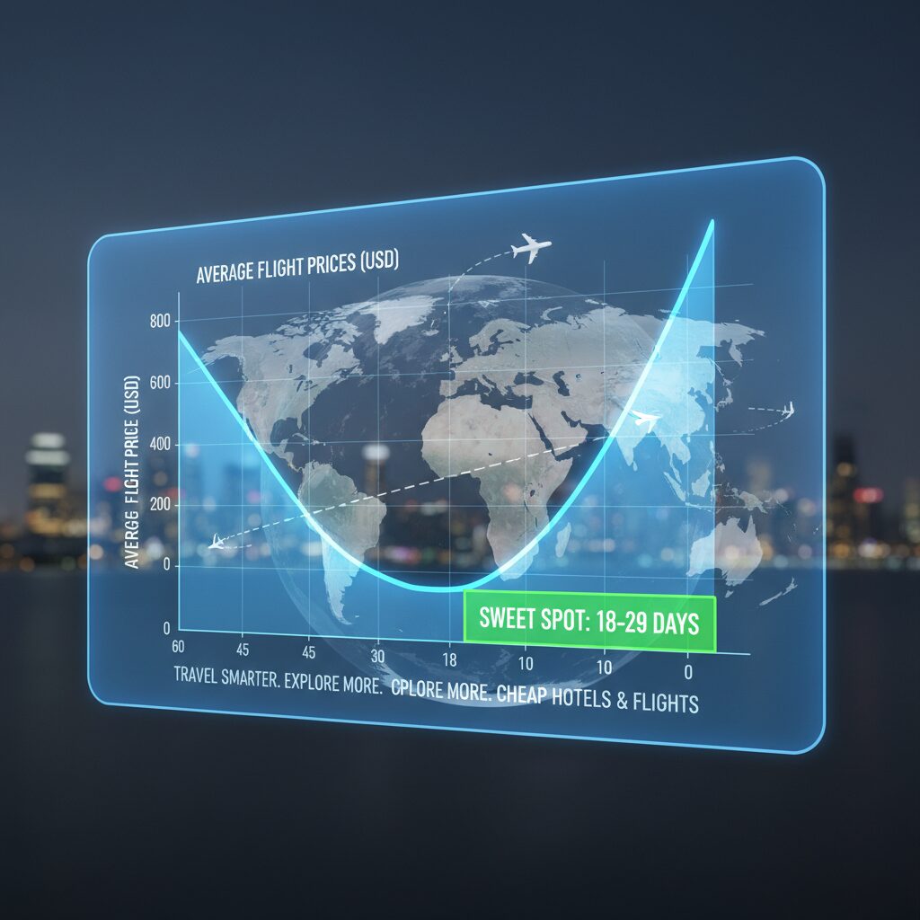 A line graph showing flight prices over time, with a dip (the "Sweet Spot") highlighted clearly between 18 and 29 days before departure.